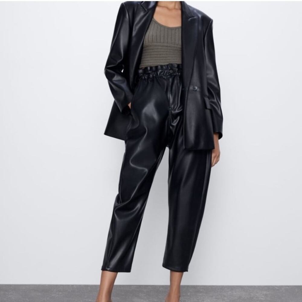 Zara Black Faux Leather Paperbag Ruffle Waist Pants 4